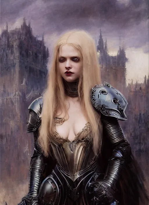 Image similar to young blonde vampire woman wearing black medieval armour, by gaston bussiere, bayard wu, greg rutkowski, giger, maxim verehin, greg rutkowski, masterpiece, sharp focus, cinematic lightning