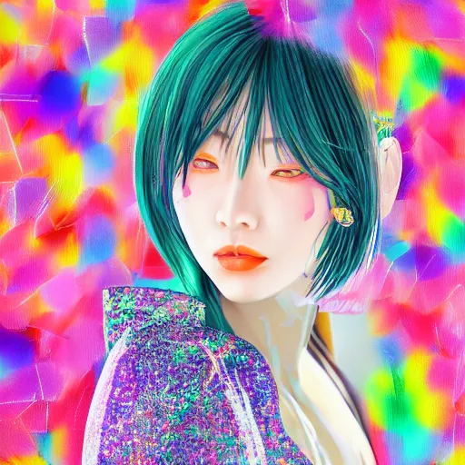 Image similar to japanese lady god, bright colors, fashion model, portrait shot, glitter, depth of field, 8 k, hyper detailed, intricate, trending on artstation