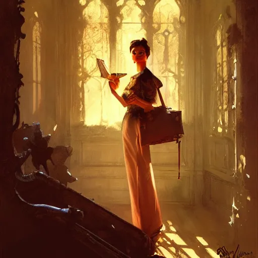 Image similar to audrey hepburn, inside haunted mansion looking for a way out, various scenarios, highly detailed, digital painting, artstation, art by gaston bussiere, greg rutkowski, j. c. leyendecker