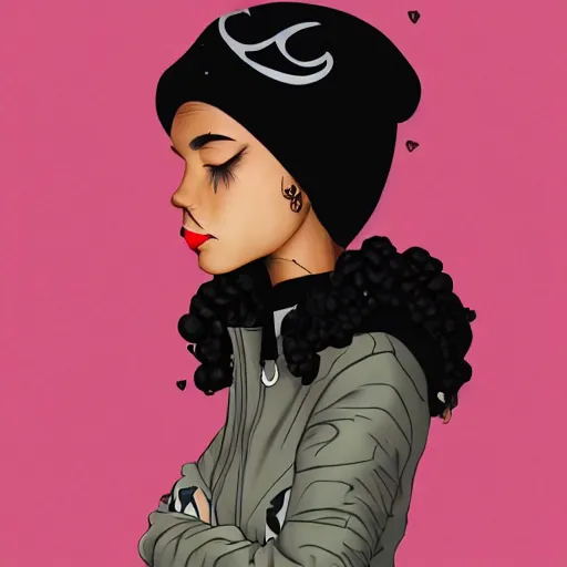 Image similar to illustration of a mixed woman with a septum piercing, short curly hair, winged eyeliner, black beanie, black bomber jacket, goth aesthetic, trending on artstation