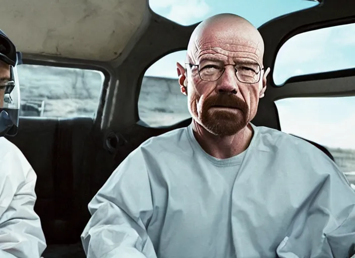 Image similar to Crewmate from Among Us (2016) with Walter White, movie screenshot, detailed, realistic, clean composition