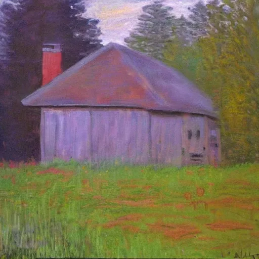 Image similar to a painting of a Eerie cabin in the middle of the woods in the style of Monet