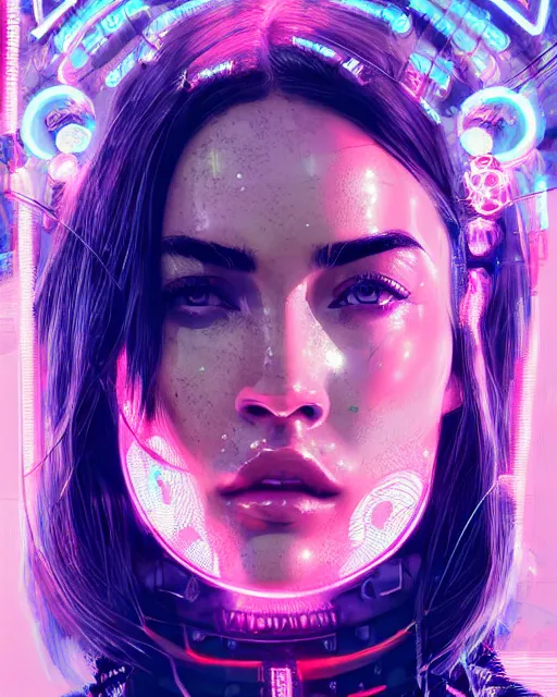 Image similar to detailed portrait megan fox neon operator girl cyberpunk futuristic neon reflective puffy coat, decorated with traditional japanese ornaments by ismail inceoglu dragan bibin hans thoma greg rutkowski alexandros pyromallis nekro rene margitte illustrated perfect face, fine details, realistic shaded, fine - face, pretty face