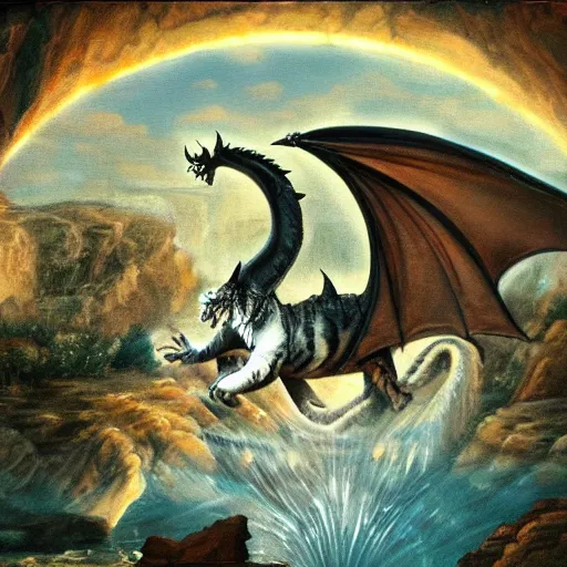 Image similar to oil painting of a dragon flying in the air near a cave with a waterfall in the center, light emanating from the waterfall leading to a big pool of water, dragon has black and white siberian tiger stripes, elegant, sharp focus, wide shot, clear, detailed, early renaissance