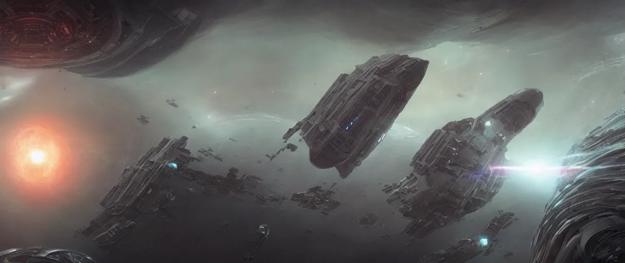 Image similar to concept art, a single and huge generation ship, a spaceship traveling to new worlds, deep space exploration, the expanse tv series, industrial design, dynamic angle, high energy and motion, spatial phenomena, cinematic lighting, 4k, greebles, widescreen, wide angle, beksinski, sharp and blocky shapes