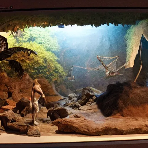 Prompt: natural history museum diorama of a caveman inspecting a ufo crash,