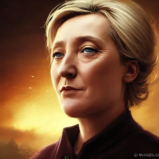 Image similar to Portrait of Marine le Pen , heroic, amazing splashscreen artwork, splash art, head slightly tilted, natural light, elegant, intricate, fantasy, atmospheric lighting, cinematic, matte painting, detailed face, by Greg rutkowski