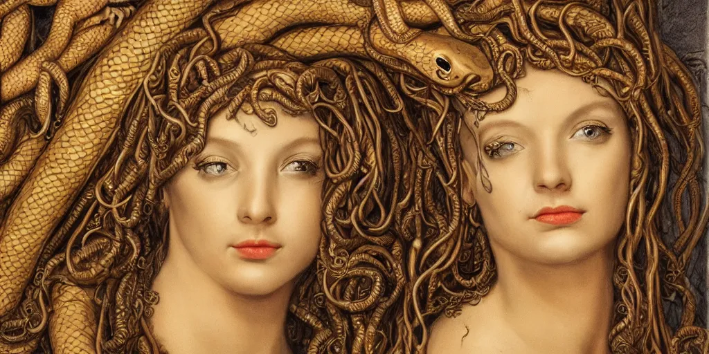 Image similar to realistic portrait of beautiful medusa with her snakes, golden, delicate, facing camera, hyper realism, 1 4 5 0, ink, ultra realistic, 8 k