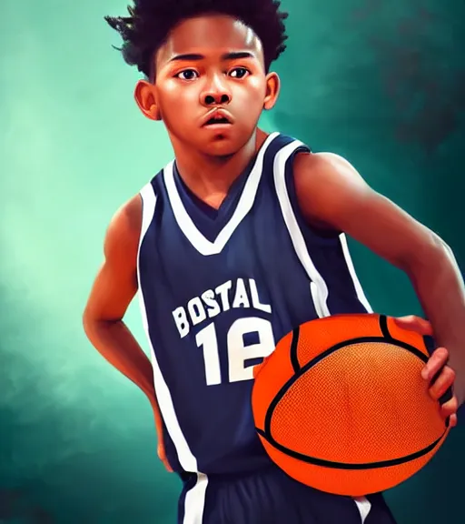 Image similar to portrait of a boy at a basketball court playing basketball wearing a basketball uniform in a basketball court standing near the basketball hoop, poised, intense emotion, detailed facial expression, detailed surroundings, intricate, elegant, highly detailed, centered, digital painting, artstation, concept art, smooth, sharp focus, illustration, WLOP