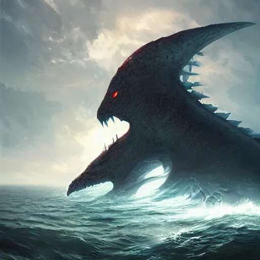 Prompt: Kaiju dividing the ocean by greg rutkowski, Mandy Jurgens