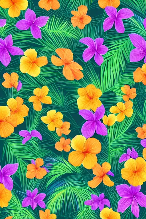 Image similar to muted sonbre detailed vector illustration of photorealistic tropical flowers and green reeds, multiple cohesive colors ranging from warms purples to bright oranges on a ((very dark black background)), 4K resolution, trending on artstation, hd wallpaper