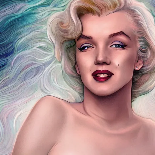 Image similar to a photograpic portrait of a Marilyn Monroe bioluminescent water wave wearing white clothes, fantasy, intricate, elegant, highly detailed, digital painting, artstation, concept art, smooth, sharp focus, illustration, art by artgerm and H R Giger and alphonse mucha