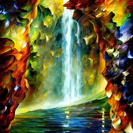 Image similar to overgrowth waterfall mushroom rich 8 k geometric by antoni gaudi, android jones, leonid afremov