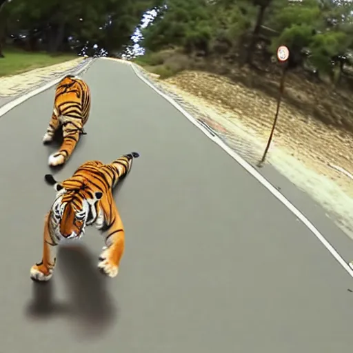 Image similar to screenshot of go pro footage from front view emma stone running in front of tiger