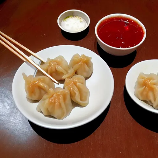 Image similar to delicious dumplings with chilli sauce made by hayao miyazaki, ghibli art style