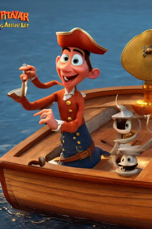 Image similar to a great pirate on a small boat. pixar disney 4 k 3 d render funny animation movie oscar winning trending on artstation and behance. ratatouille style.