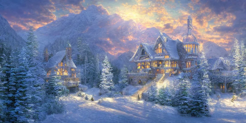 Prompt: majestic ice palace in the mountains | photorealistic | hyper detailed | volumetric lighting | thomas kinkade