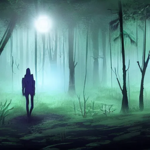 Image similar to a dirty lost person is following a floating blue glowing ball of light through a foggy swamp , Eternal cardgame art style .