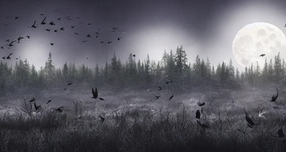 Image similar to fantasy landscape of a forest full of crows and the big moon in the background, dark color-theme, cinematic, science-fiction art wallpaper, stunning digital art