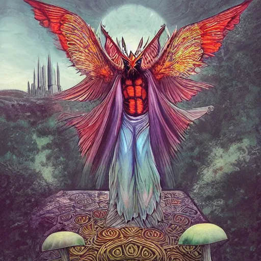 Image similar to A centered chest up portrait of a psychedelic godlike mothman with giant mandala wings smoking a hand-rolled cigarette smoking heavily , magic mushroom village in background , award winning. superb resolution. in the art style of junji Ito and greg rutkowski . Detailed Mushroom city in background. Hyper realistic anime. Perfect art. Dalle2