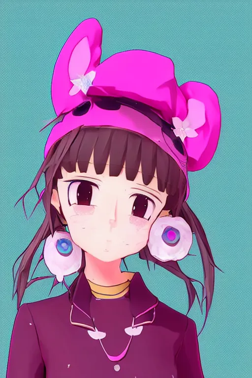 Image similar to a vrchat avatar girl with fuzzy bunny ears, whiskers like a cat, and a big pink beret, anime style, cel shaded, cute, kawaii, jewelry