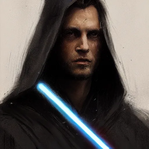 Image similar to portrait of a man by greg rutkowski, british features, messy black long hair, black robes, star wars expanded universe, he is about 2 0 years old, wearing jedi robes, highly detailed portrait, digital painting, artstation, concept art, smooth, sharp foccus ilustration, artstation hq