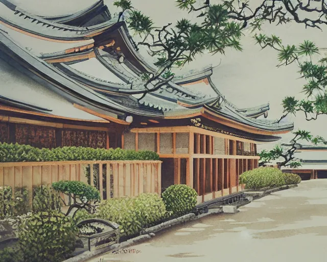 Image similar to a beautiful painting of a building in a serene landscape, japanese watercolor,