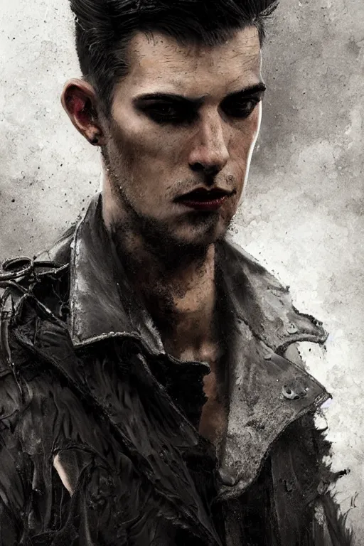 Image similar to a rough looking young man, buzzed hair, gothic, tattered leather coat, intricate, elegant, dramatic lighting, rugged face, highly detailed, lifelike, photorealistic, digital painting, artstation, illustration, concept art, smooth, sharp focus, art by John Collier and Albert Aublet and Krenz Cushart and Artem Demura and Alphonse Mucha