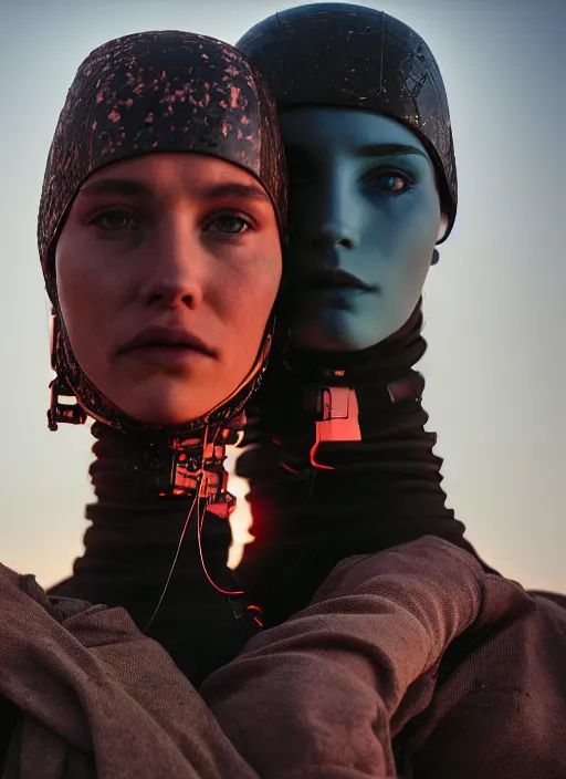 Image similar to cinestill 5 0 d photographic portrait of two loving ostentatious female androids wearing rugged black techwear on a desolate plain with a red sky, extreme closeup, cyberpunk style, garters, dust storm, 8 k, hd, high resolution, 3 5 mm, f / 3 2, ultra realistic faces, ex machina