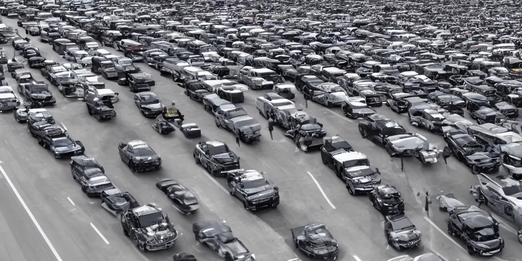 Image similar to an infinite convoy line of cars , extreme wide shot, infinite regression