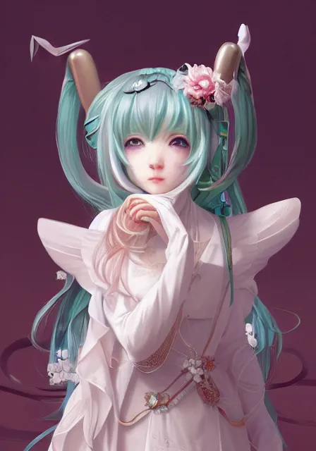 Prompt: hatsune miku and cinnamoroll, intricate, elegant, highly detailed, digital painting, artstation, concept art, smooth, sharp focus, illustration, art by artgerm and greg rutkowski and alphonse mucha and william - adolphe bouguereau