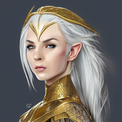 Image similar to side portrait of a female elven warrior, fantasy, head tilted down, white hair, gold armour, gold jewelry, white skin, detailed face, trending on artstation, gsociety, D&D, elegant, highly detailed, sophisticated, hyperrealistic, detailed illustration, smooth, sharp focus, upper body, intricate, rule of thirds, holy glow, backlit, hd 4k by Greg Rutkowski, Charlie Bowater, Karol Bak