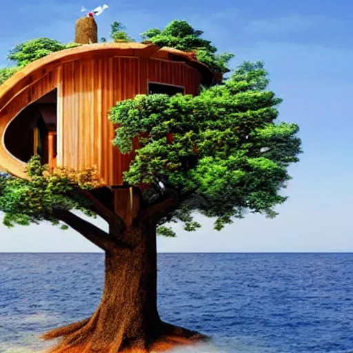 Image similar to a tree with a tree house in it in the ocean