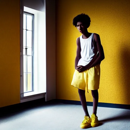 Image similar to black teenage boy with a long nose wearing a white tank top, walking in a nostalgic room with yellow walls and brown carpet