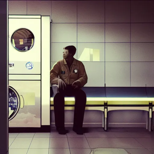 Image similar to a beautiful photo of an astronaut waiting in a laundromat, 1970', soft light, morning light, photorealistic, realistic, octane, 8k, cinematic shot