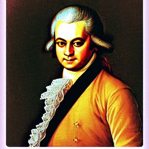 Image similar to a photo of wolfgang amadeus mozart on a rave. he sweats a lot because the club is poorly ventilated, but he still has a great time. club photography, smartphone photography.