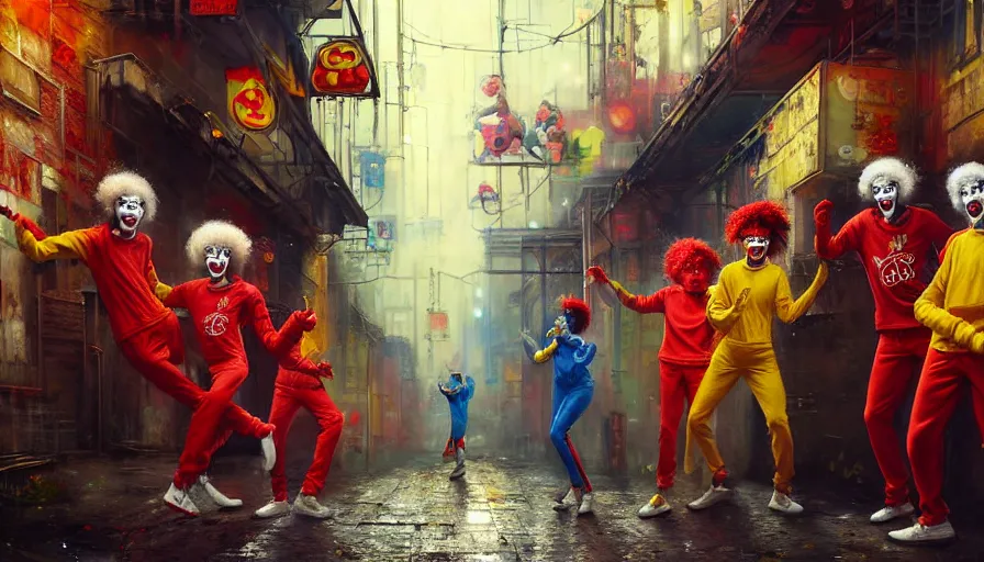 Image similar to highly detailed painting of a group of ronald mcdonalds with red afros, white facepaint, red noses and yellow tracksuits dancing in a cyberpunk alleyway by william turner, by greg rutkowski, by william constable, thick brush strokes and visible paint layers, 4 k resolution, retrowave colour scheme