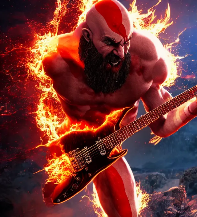 Image similar to kratos shredding on a flaming stratocaster guitar, cinematic render, god of war 2 0 1 8, santa monica studio official media, lightning, stripe over eye