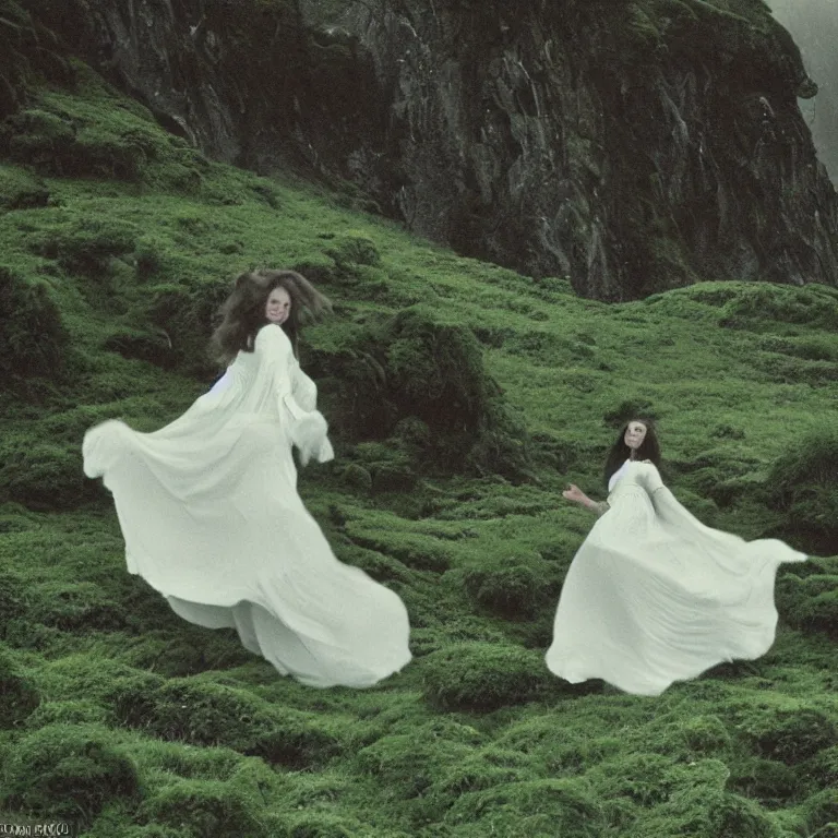 Image similar to dark and moody 1 9 7 0's artistic technicolor spaghetti western film, a large huge group of women in a giant billowing wide long flowing waving shining bright white dresses made of white smoke, standing inside a green mossy irish rocky scenic landscape, volumetric lighting, backlit, moody, atmospheric, fog, extremely windy, soft focus