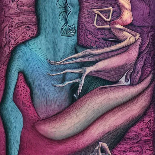 Image similar to dissociation, derealization, disconnection, amnesia, fantasy illustration, detailed, abstract, amorphous, eerie, organic, inhuman, rich colors