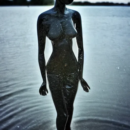 Prompt: modern sculpture of a beautiful woman on the rain, on a lake, faith, full body, low angle, night, surrounded by smoke, shadows, award winning photography