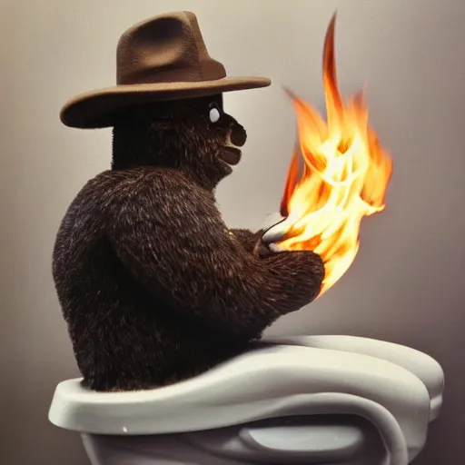 Image similar to candid photo of Smokey The Bear in the bathroom sitting on a porcelain throne, playing with fire, by Annie leibowitz, photorealisitc, extremely detailed