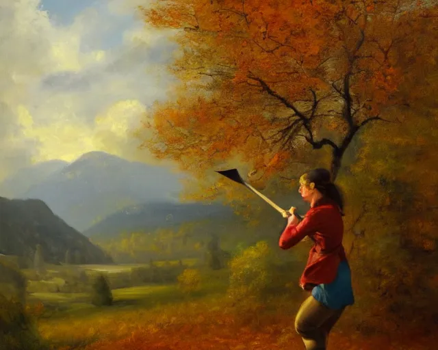 Image similar to landscape portrait of a girl swinging an axe, swinging axe at a hickory tree, autumn mountains, original oil on canvas painting by william sydney mount, trending on artstation
