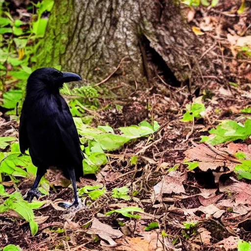 Image similar to mixture between a!!!! human and crow, photograph captured in a forest