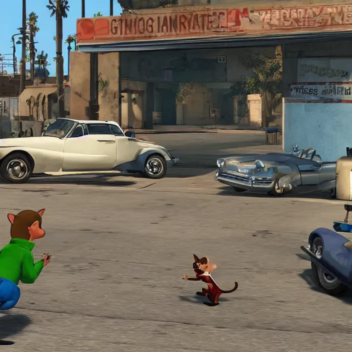 Prompt: Tom & Jerry in GTA V, gameplay screenshot