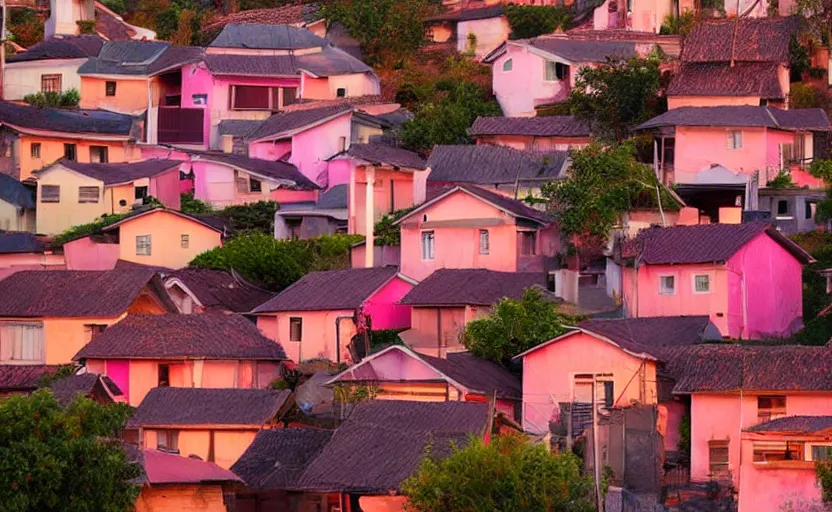 Image similar to village, houses with faces, sunset atmosphere, pink, low contrast, light, naive, detailed, cinematic