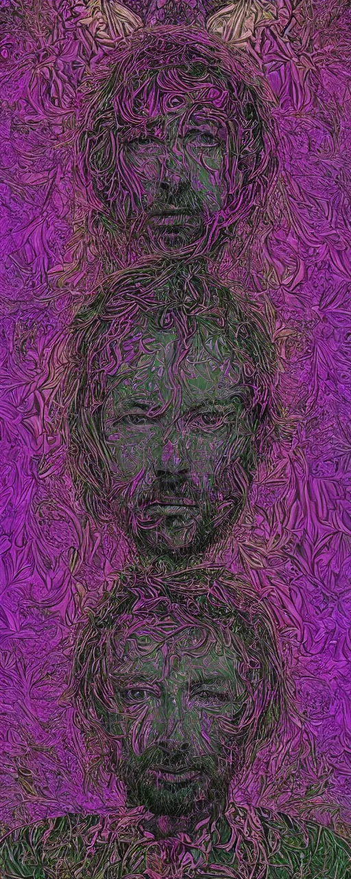 Image similar to disco diffusion portrait of Thom Yorke, hiding in the bushes looking shifty:: cosmic tarot card, intricate fractal details, broken physics, fanciful floral mandelbulb, black paper, style of wes anderson