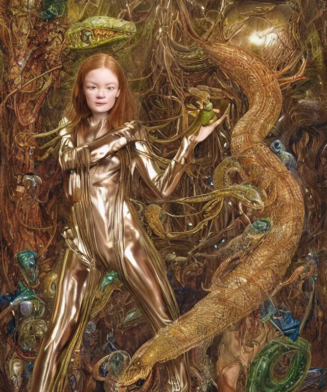 Prompt: a portrait photograph of sadie sink as a strong alien harpy queen with amphibian skin. she is dressed in a silk shiny metal slimy organic membrane catsuit and transforming into a snake antilope. by donato giancola, walton ford, ernst haeckel, peter mohrbacher, hr giger. 8 k, cgsociety, fashion editorial