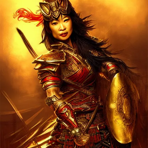 Image similar to ming na wen in samurai armor, atmospheric lighting, painted, intricate, golden hour, ultra detailed by royo