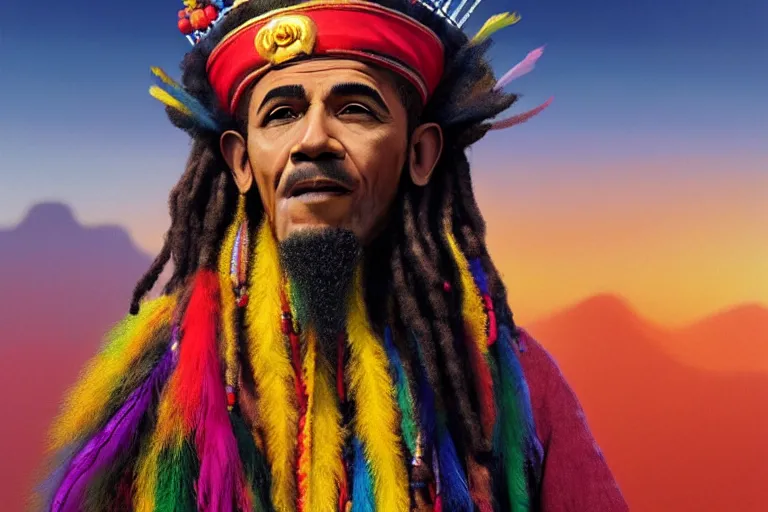 Image similar to rasta obama, on great wall of china, close up, wearing crown of bright feathers, long white moustache, artstation, fantasy, intricate, beautiful, cinematic, octane render, arnold render, 8k, hyperrealism, detailed, sharp focus, 4k uhd, masterpiece, award winning, painting by Ivan Aivazovsky and Greg Rutkowski